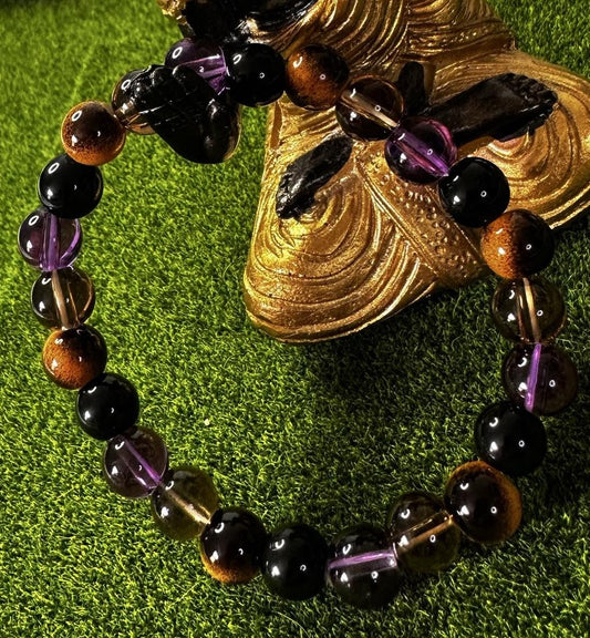 Bracelet imitation oeil de tigre et améthyste