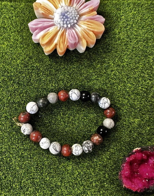Bracelet onyx noir, Howlite, Jaspe rouge